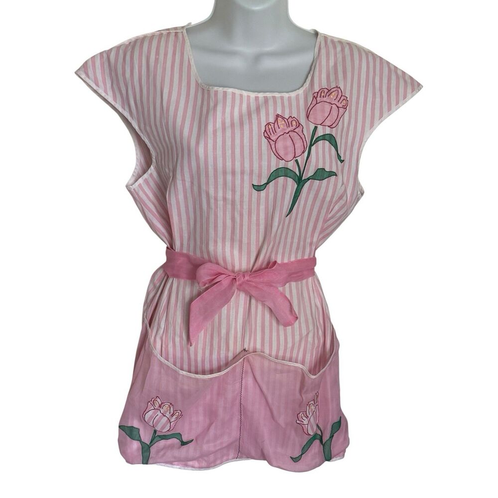 Pink White Striped Floral Tulips Two Pocket Vintage Mid Century Half Apron 24in